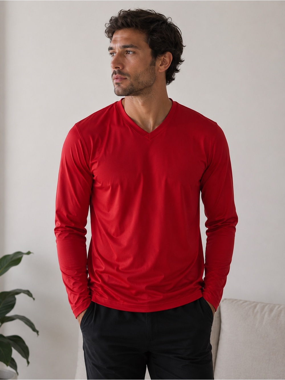 NWT Schiesser Red V Neck Long Sleeve Modal Shirt Sz Mens M
